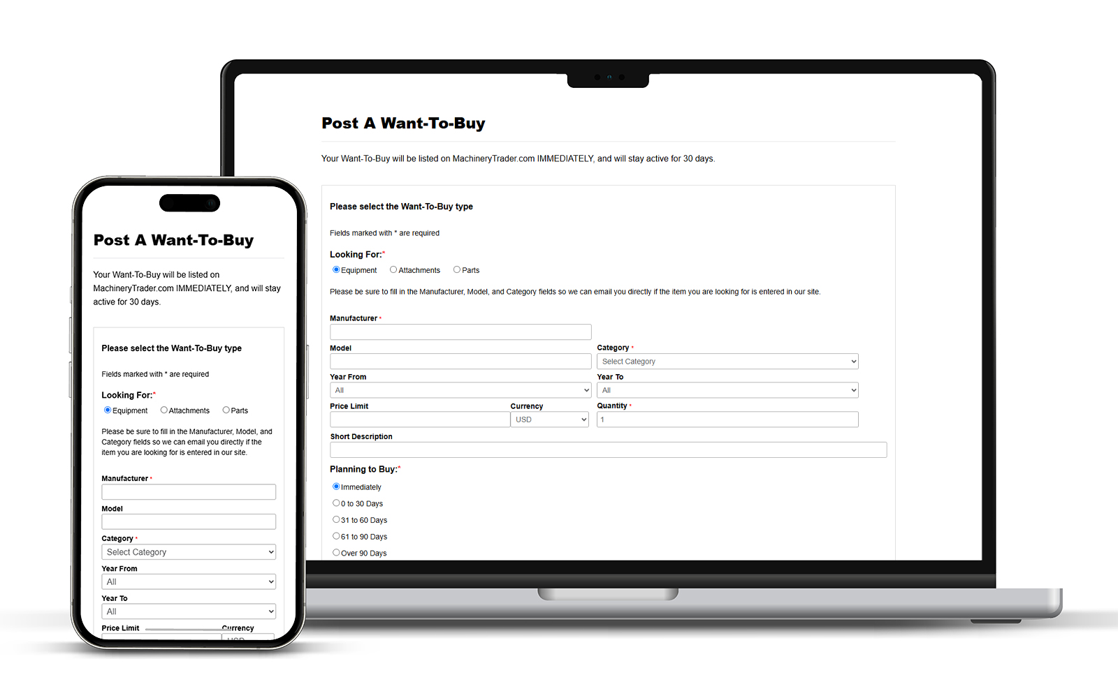 Laptop and phone mockup of the Post A Want-To-Buy Form